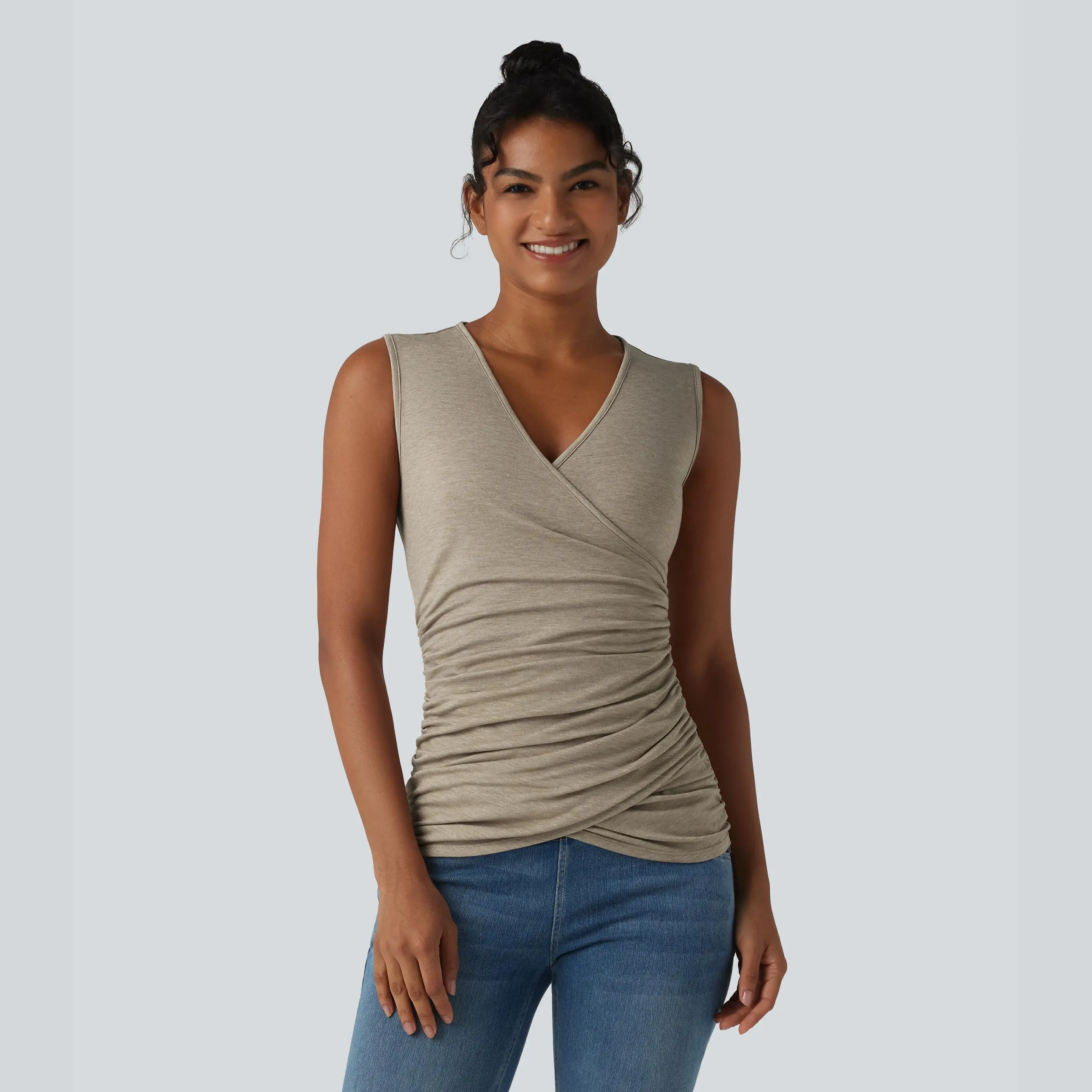Halara V Neck Crossvoer Ruched Casual Tank Top