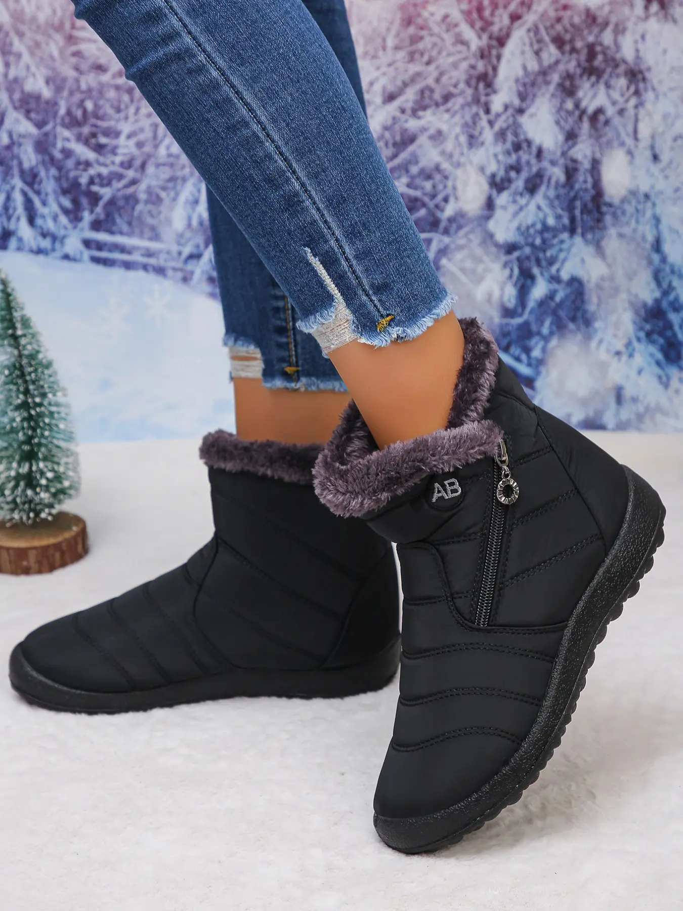 Women Mid Calf Winter Snow Boots, Fashionable Boots, Quilted Outer Ankle Boots with Side Zipper and Furry Collar, Flat Solid Color Winter Booties, Multi-color Winter Shoes for Daily Strolls, Outdoor Activities, Winter Travel