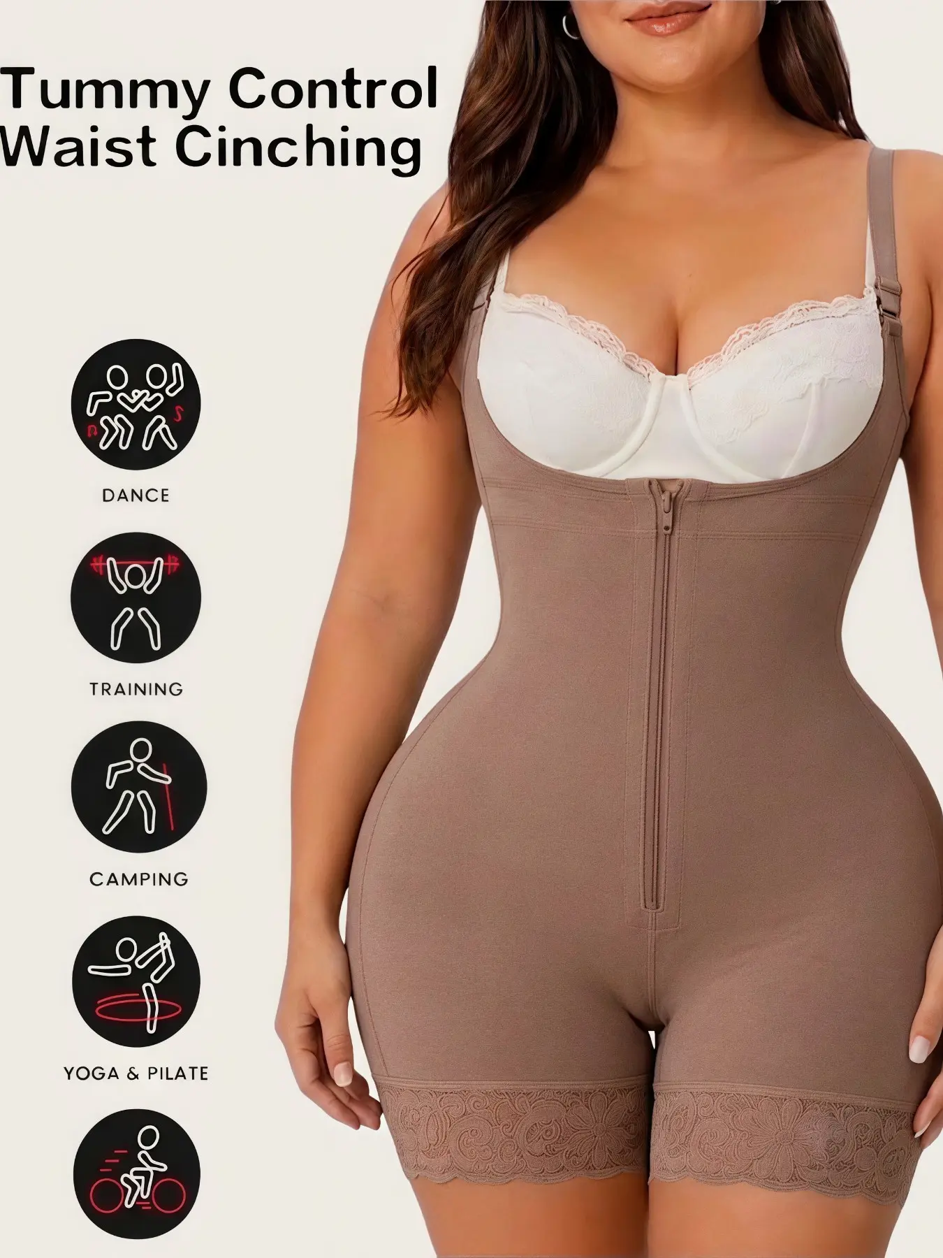 1 Count Solid Color Colombian Shapewear Bodysuit, Fajas, Butt Lifting And Tummy Control Body Shaper Zipper Romper, Adjustable Strap Jumpsuit, Open Crotch, Tight-Fitting Full Body Shaper, Suitable For Various Occasions, Sports