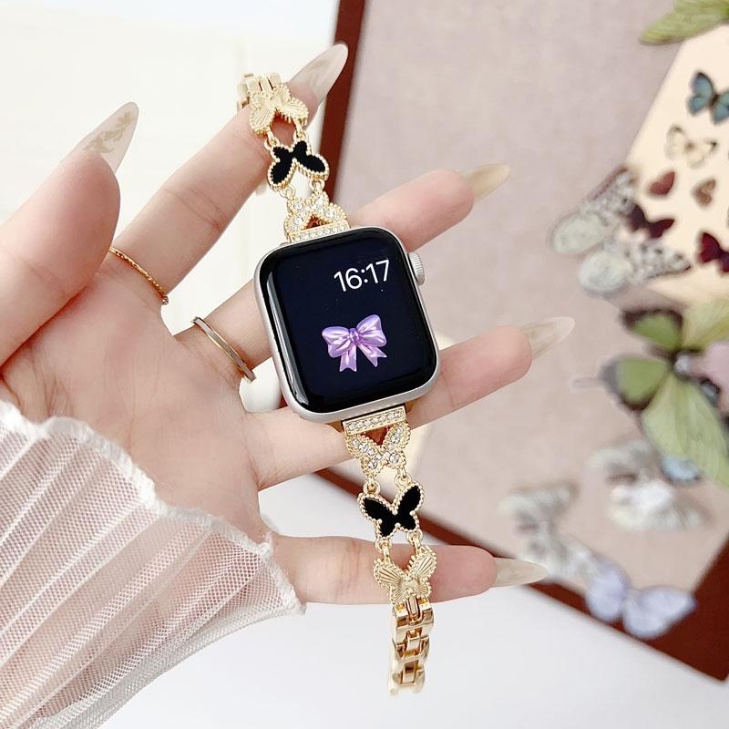 Full Rhinestone Black Shell Butterfly Slim Metal Bracelet for iWatch Band - Business & Dressy Strap Compatible with Series 1-11/SE/SE2/Ultra/Ultra2 (38-49mm) for Women & Men (Watch Not Included) #TikTokShopHolidayHaul