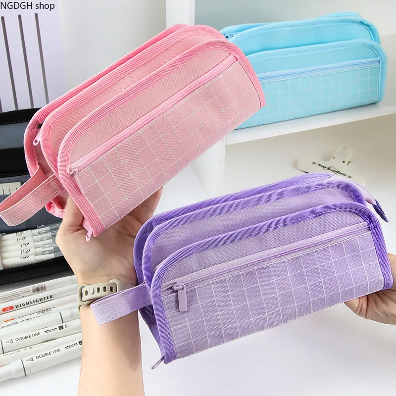 Large Capacity Grid Pencil Pouch with Front Mesh Pocket, Side Handle, Multilayer Zipper, Minimalist Aesthetic Stationery Organizer, Cute Storage Bag for School, Travel, Ideal Back-to-School Gift for Students
