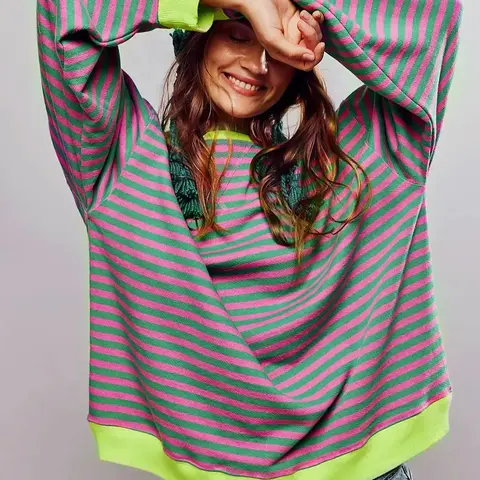 Women's Colorblock Striped Print Contrast Binding Drop Shoulder Oversized Knit Sweatshirt Tops, Casual Long Sleeve Round Neck Pullover for Fall & Winter, Ladies Clothes for Daily Wear Knitwear
