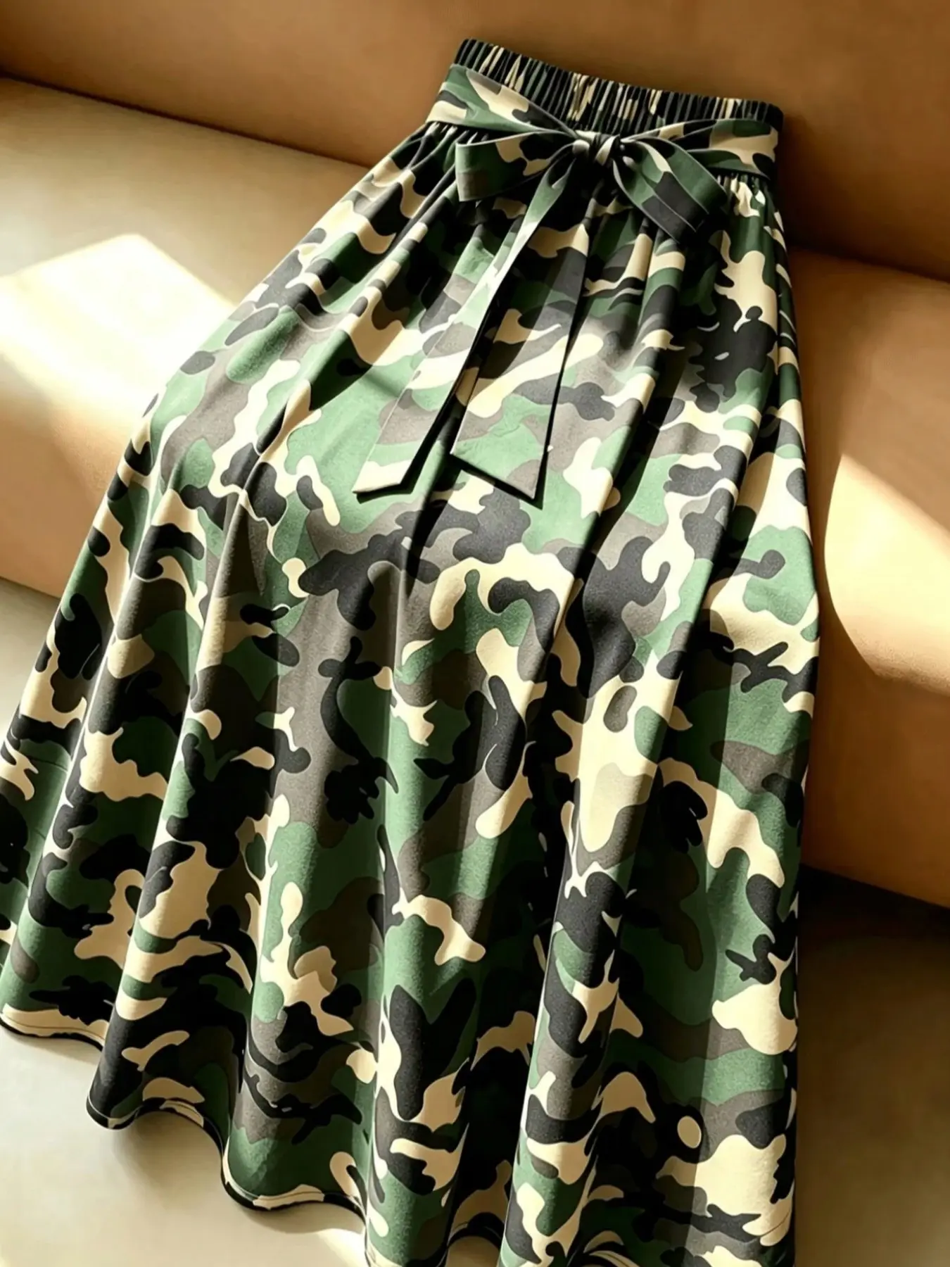 Women's High Waist A-Line Skirt, Navy Camo Print Bow Design, Four Seasons, Military Tie Casual Wear, Elegant and Versatile, Perfect for Travel and Vacation