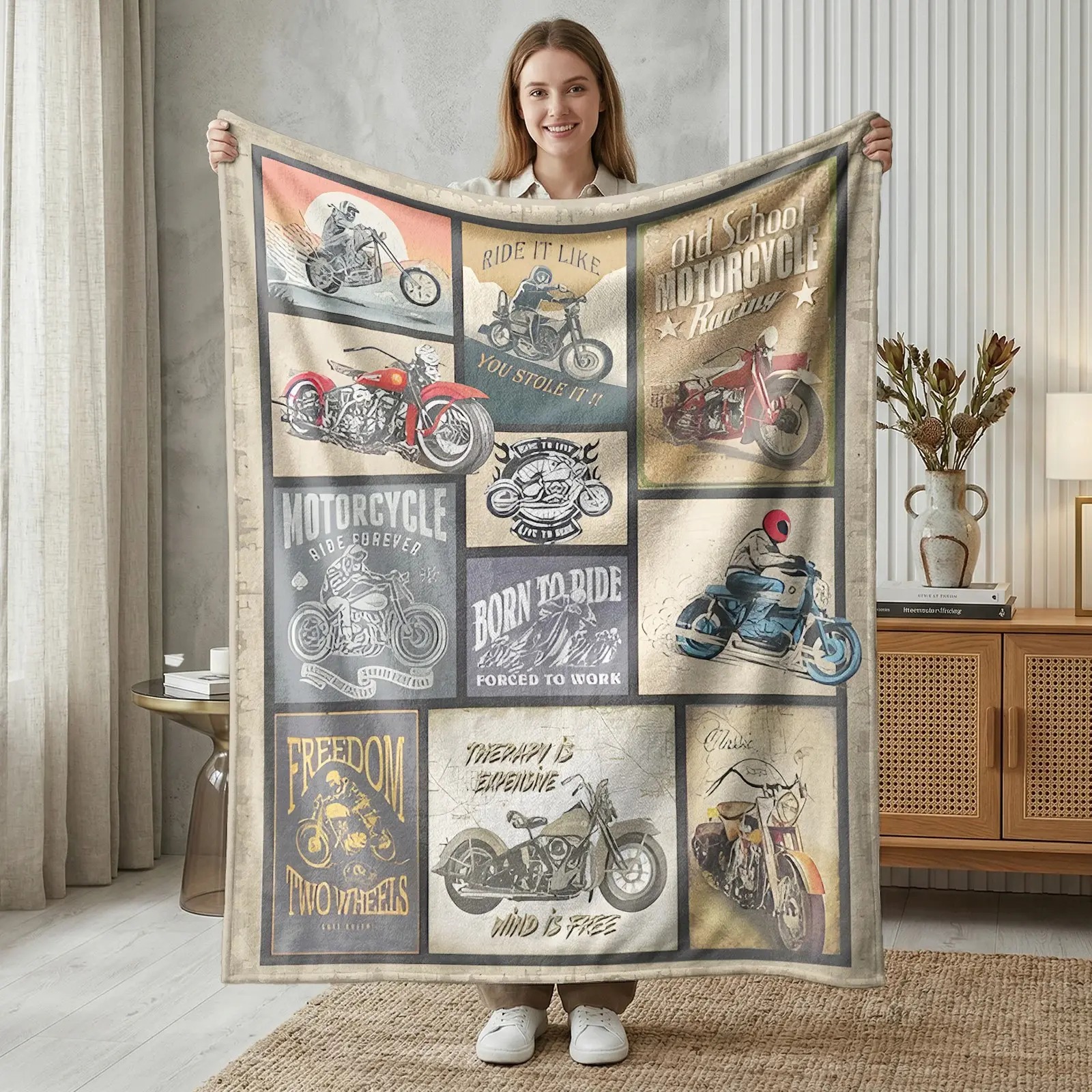 Vintage American Harley Motorcycle Patchwork Flannel Blanket, Soft Thick Flannel, Cozy Warm, Ideal for Motorbike Enthusiasts, All Seasons Use