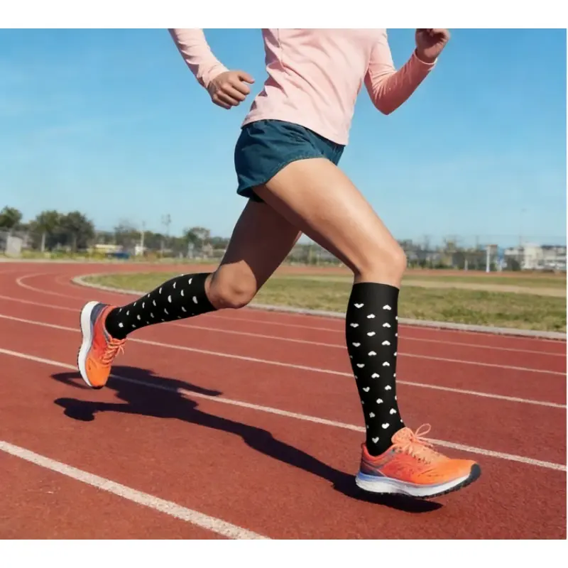 NEWLIFEJWL Sporty Knee High Compression Socks Set - 6 Pairs with Stylish Striped & Heart Prints, Performance & Recovery for Athletes, Gym, Casual Wear, Black & Multicolor