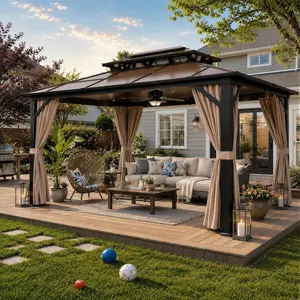10'x13' Hardtop Gazebo, Outdoor Polycarbonate Double Roof Canopy, Aluminum Frame Permanent Pavilion with Curtains and Netting, Sunshade for Garden, Lawns, Patio