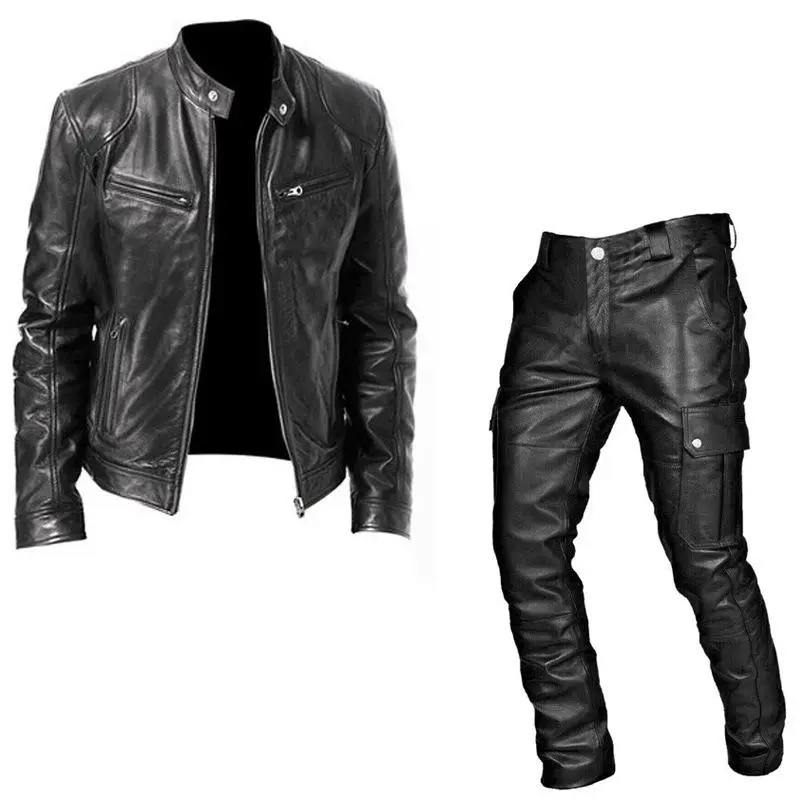 Men's Suit Leather Clothing Leather Pants Two-Piece PU Leather Casual Suit