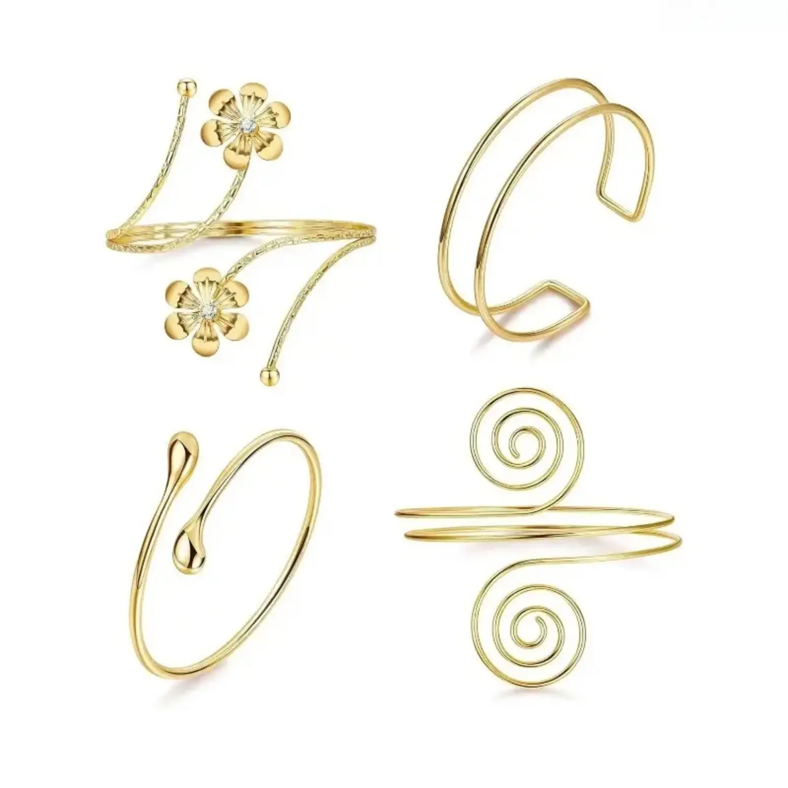 4pcs Women's Minimalist Adjustable Upper Arm Cuffs, Elegant Coiled Arm Band Bangles Set, Hypoallergenic Fashion Body Jewelry Gift for Ladies Everyday Wear Summer Beach Party Festival