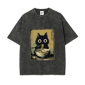 Unisex Vintage Wash T-Shirt Retro Oil Painting Black Cat Ramen Bowl Psalm 34:8 Religious Bible Verse Oversized Graphic Top Short Sleeve T Shirt