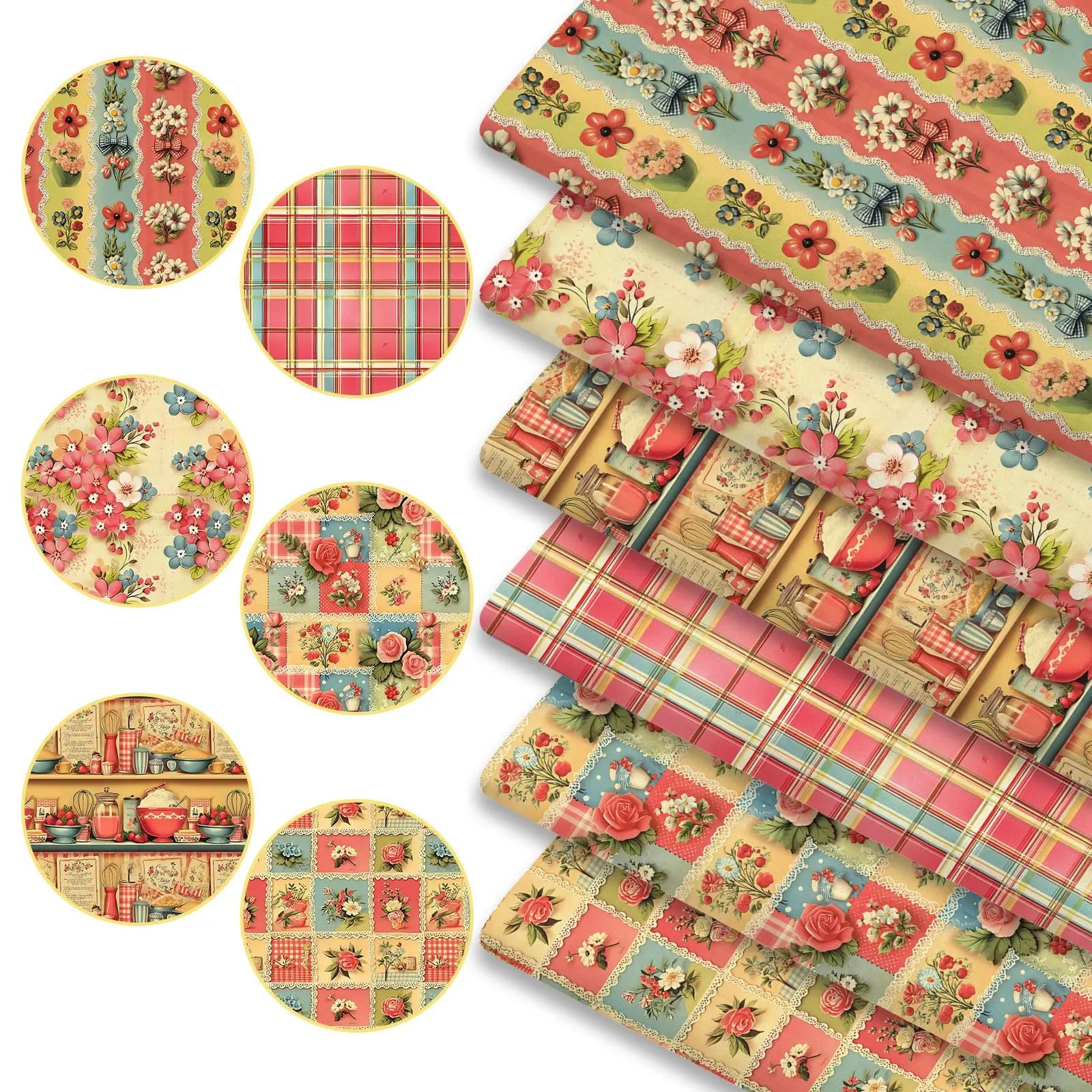 6pcs Grandmacore Vintage Print Fabric Bundles, 45cm*50cm/17.72in*19.69in Grandmillennial Style Fabric Squares for Quilting, Patchwork DIY Sewing Material for Bedding, Tablecloth, Bags, Masks, Hats, Headbands, Pillowcases
