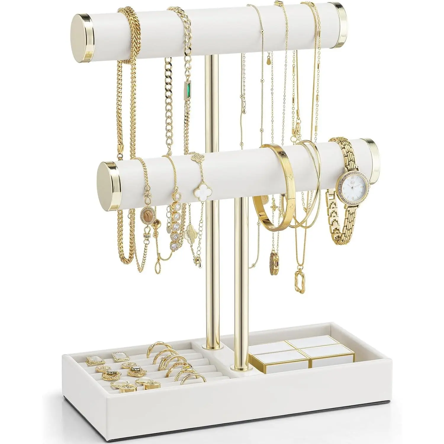 2 Tier Bracelet Holder with Tray - Leather Jewelry Stand Organizer for Women - Necklace Holder Display for Necklace, Watches, Rings, Earrings, Bangle, Scrunchie - White