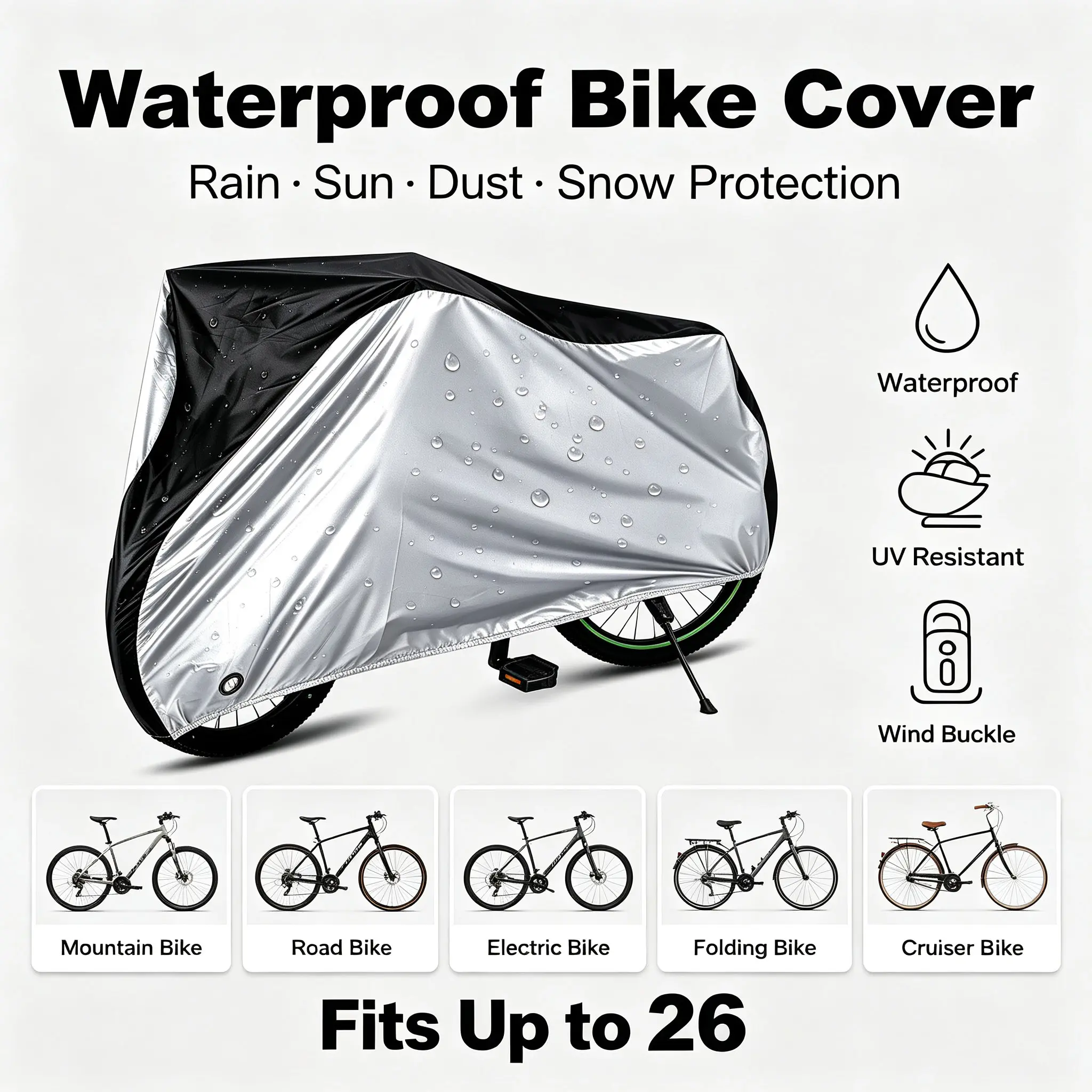 Bike Cover Waterproof Outdoor Bicycle Cover UV Protection Dust Rain Snow Wind Resistant Bike Cover with Lock Hole & Windproof Buckle Fit Up To 26 Inch Mountain Bike Road Bike Electric Bike Foldable Bike Storage Cover