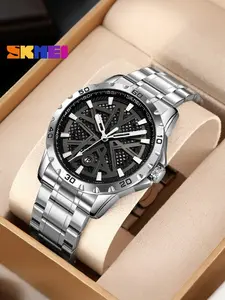 Stylish Men's Watch, Round Open-Work Design, Stainless Steel Strap, Water Resistance, Date Display, Minimalist Quartz Timepiece, Business Wear, Quartz Watches