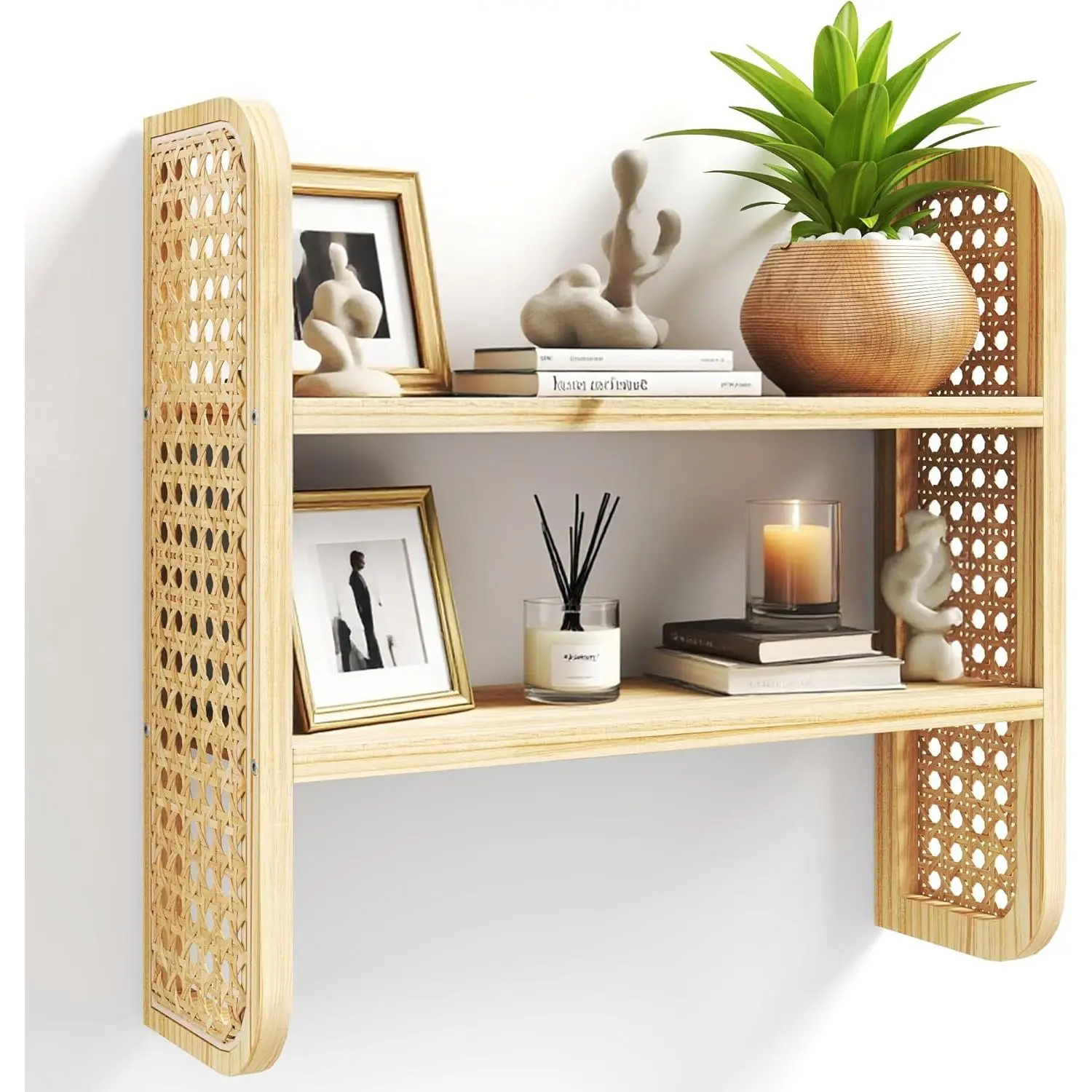 2-Tier Natural Rattan Wall Shelf, Cute Hanging Book Shelves Storage, Decorative Natural Display Shelves, Boho Floating Shelf for Nursery, Bedroom, Living Room