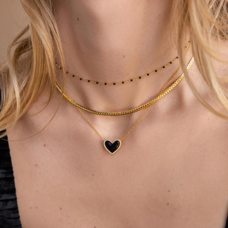Pave Onyx Puff Heart Necklace by Caitlyn Minimalist - Black Crystal Pendant Necklace with Pave Diamonds - Coquette Jewelry - Best Friend Gift.