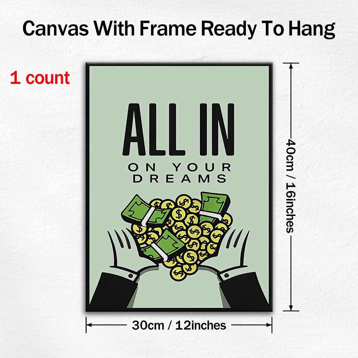 Money & Letter Pattern Painting with Wooden Frame, 1 Count Modern Canvas Wall Art, Unique Artwork, Wall Decor for Home Living Room Bedroom Office