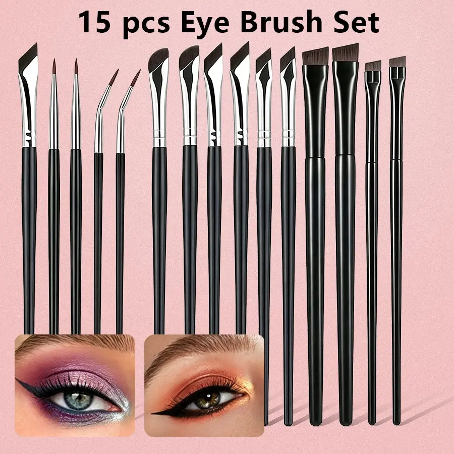 15-Piece Professional Eye Makeup Brush Set, Eyeshadow, Eyeliner, Blade Brow, Detail Brushes, Synthetic Fiber, Portable, Travel-Friendly, Precision Brush