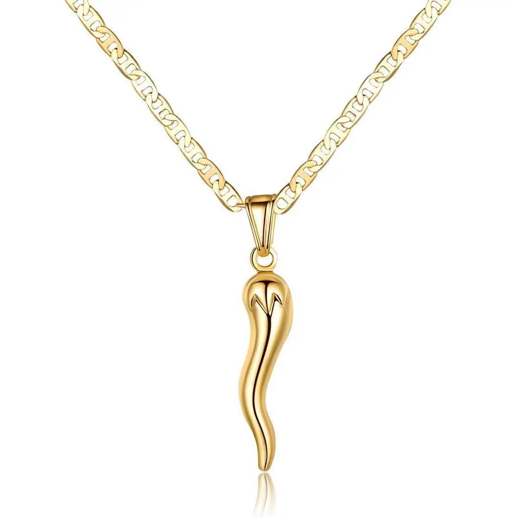 Gold Plated Flat Marina Chain With Italian Horn Necklace Cornicello - Made In Brazil