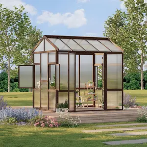 6x8FT Heavy Duty Walk-in Wooden Greenhouse, 6mm Polycarbonate Panels Garden Shelter with Vent Window and Lockable Door, Outdoor Plant House for Backyard Patio Lawn
