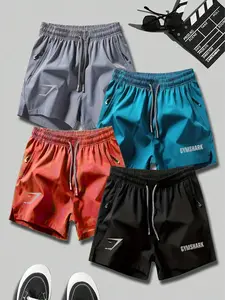 4-Pack Basic Casual Shorts, Sporty Daily Wear, Quick-Dry Print, Unisex, Slim-Fit, All-Season, Gymshark Ice Feel, 4-Piece Set