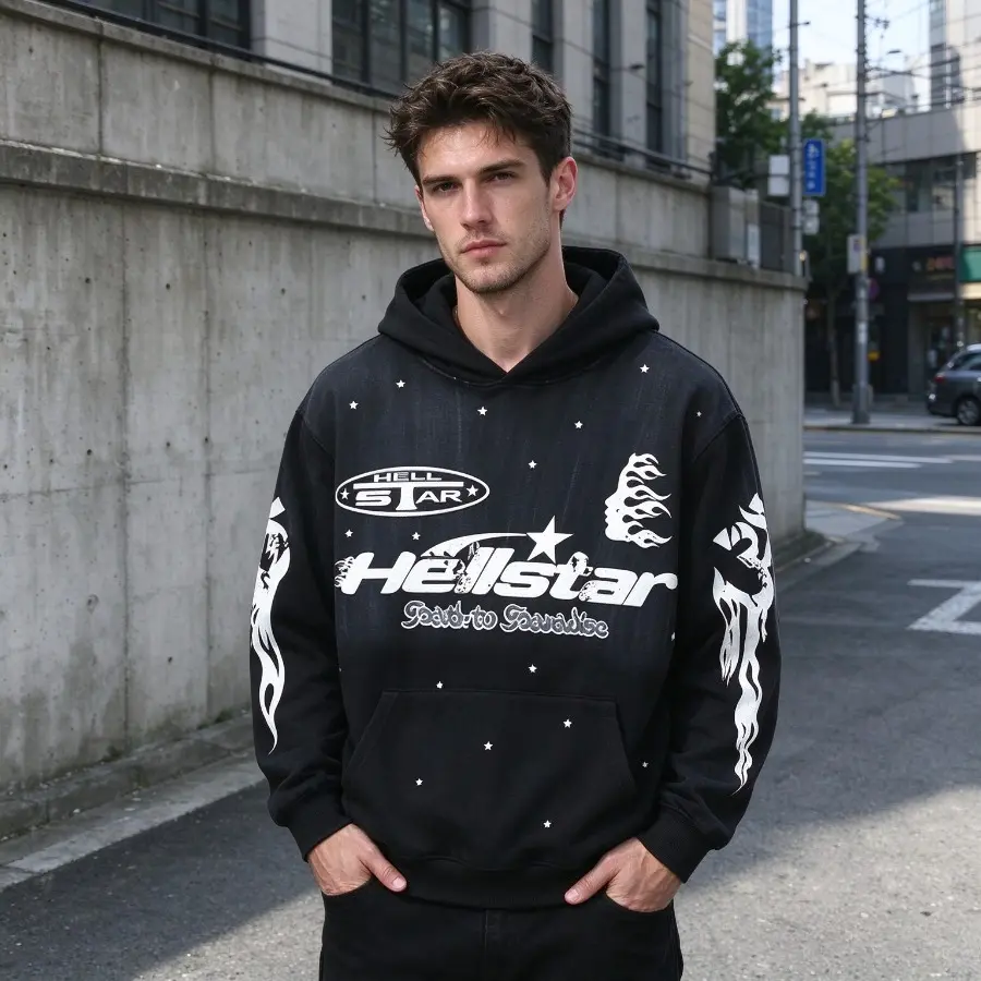 Men Hellstar Flame Graphic Rhinestone Pullover Hoodie, Vintage Washed Oversized Hooded Sweatshirt, Dark Gothic Streetwear Fall Casual Top For Men