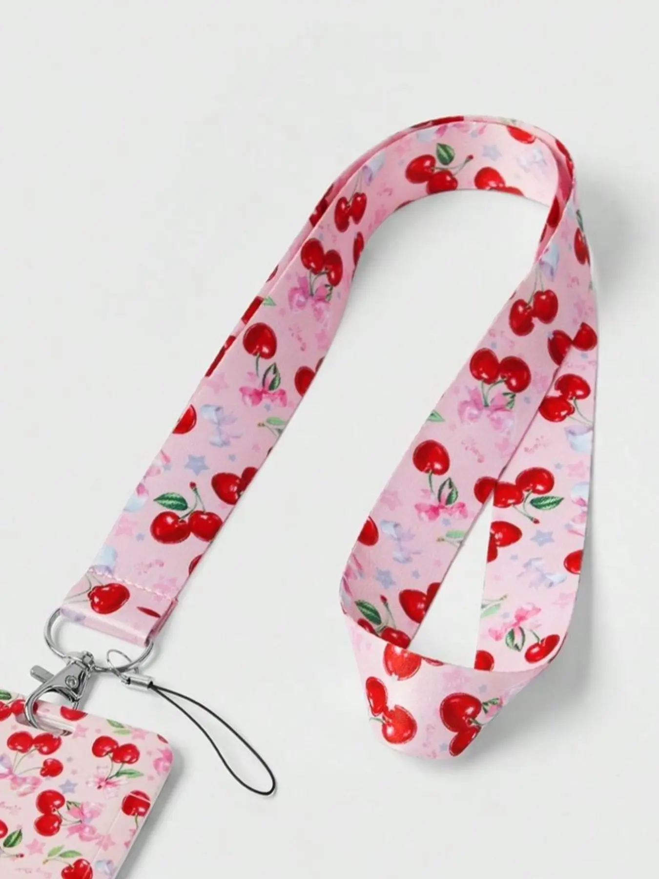 Y2K Style Cute Cherry Polyester Lanyard Keychain Kawaii Set with ID Holder & Wristband, Perfect for Gym, USB, Badges, Casual Design, Keychain Wristlet Strap, Keychains Cute
