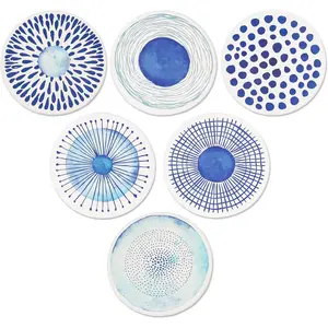AD Set of 6 Coasters for Drinks Absorbing Round Ceramic Stone Coaster with Cork Base,Tabletop Protection Mat for Mugs and Cups,Office,Kitchen (Blue Watercolor Series)
