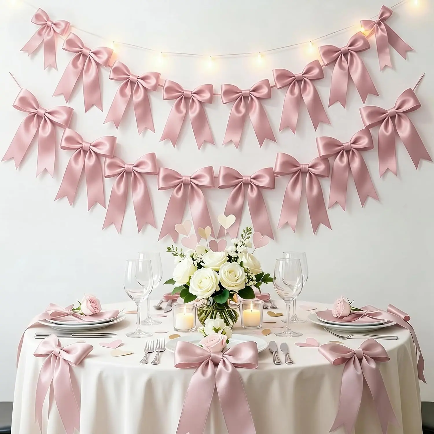 2 Strings 16PCS Pink Bow Garland Banner Decorations, Pre-Strung Satin Ribbon Bows for Birthday, Baby Shower, Bridal Shower, Coquette Girls Room, Bow Themed Party, Wedding, Christmas Tree Decorations