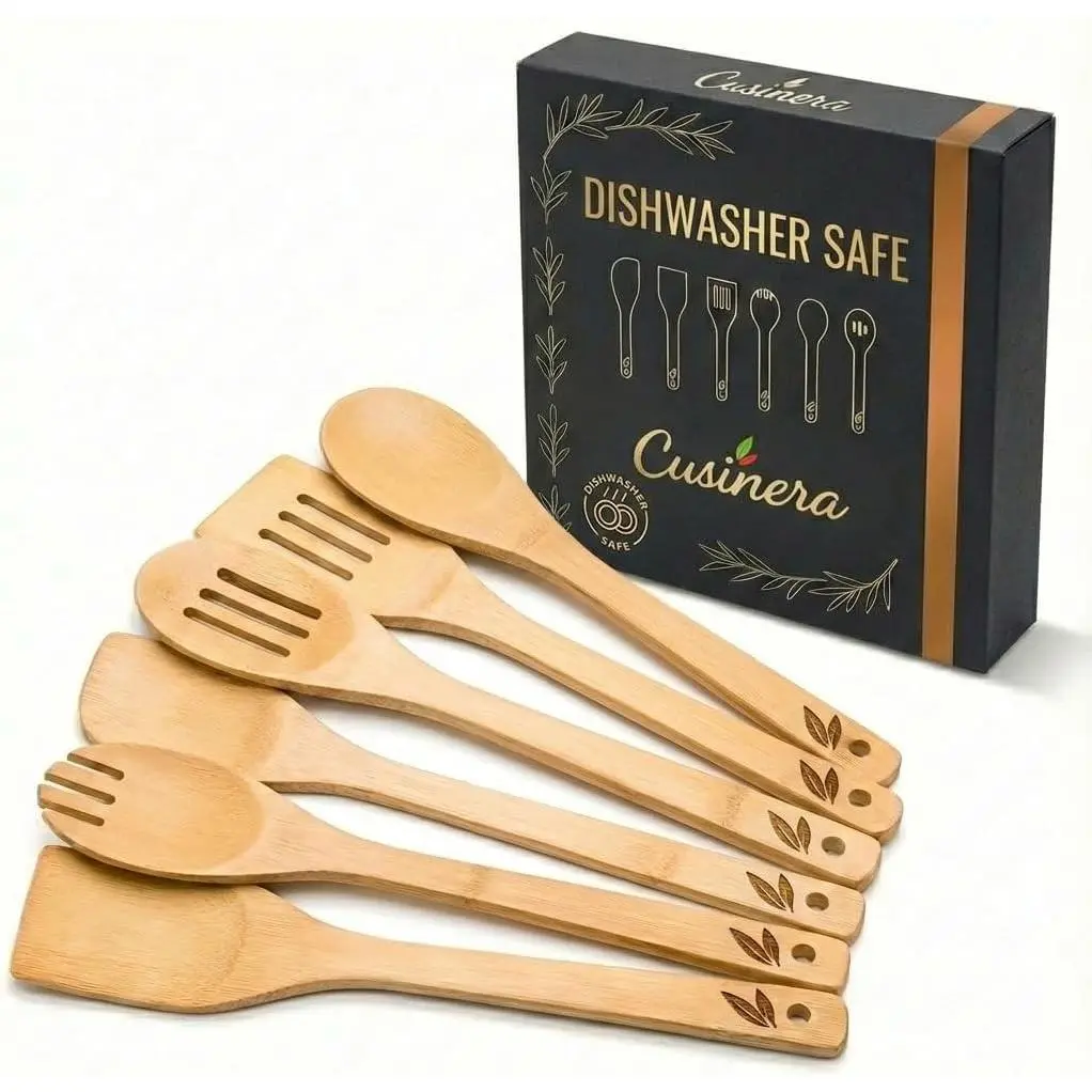 Dishwasher Safe 6-Piece Bamboo Wooden Cooking Spoons, Premium Kitchen Utensils Set, Easy to Clean, Perfect for Non-Stick Cookware