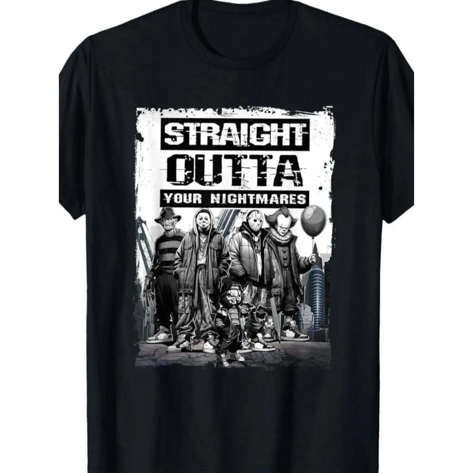 Men's 100% Cotton Vintage Horror Graphic T-Shirt, Round Neck Nightmare Themed Casual Tee, Retro Halloween Spooky Apparel, Unique Holiday Birthday Gift For Horror Movie Fans Daily Streetwear Outfit