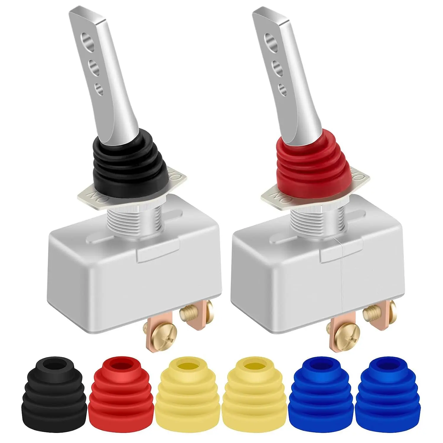 12V 50A Heavy Duty Toggle Switch, IP65 Rated On/Off Control Waterproof Switch with Rubber Boot Cover, 2-Pin, 2pcs (Black, Amber, Red, Blue) for Automotive & Motorcycle Battery Accessories