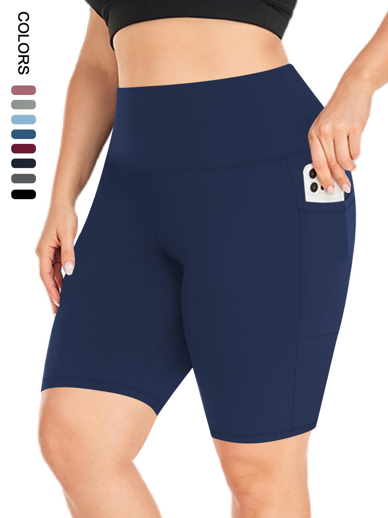 Plus Size Plain High Waist Convenient Pockets Design Skinny Shorts, Activewear Shorts, Casual Comfy Breathable High Stretch Seamless Shorts for Daily Outdoor Sport, Women's Bottoms for Summer