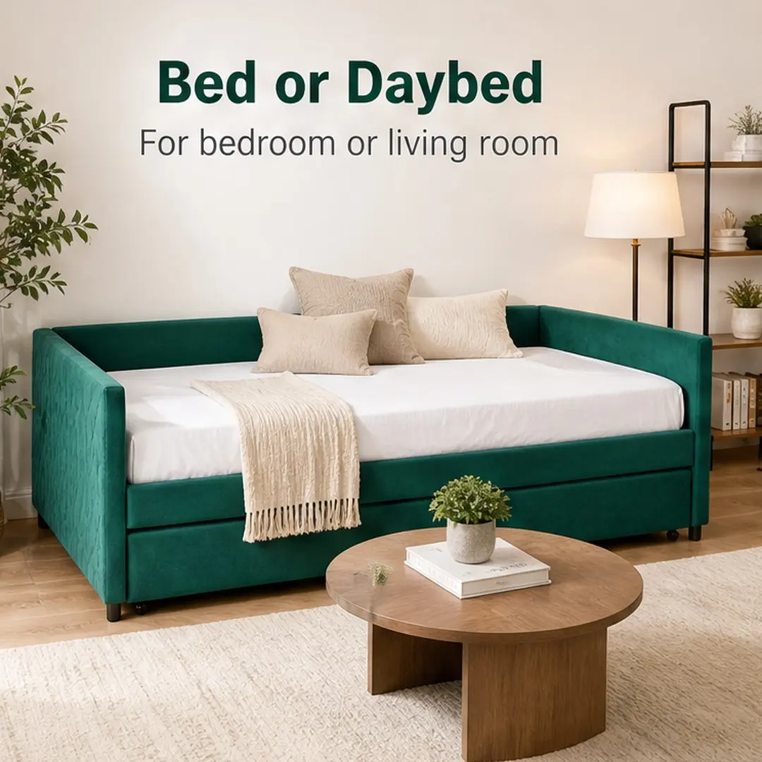 ARCH Full Size Upholstered Velvet Daybed with Trundle - Modern Diamond Grid, L-Shape Corner Design, Sturdy Wooden Frame, No Box Spring Needed, 58.70"W x 80.80"D x 22.70"H, Emerald, Assembly Required