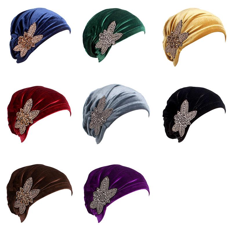 Velvet Pleated Turban Hat with Beaded Flower, Soft Hair Loss Bonnet for Women