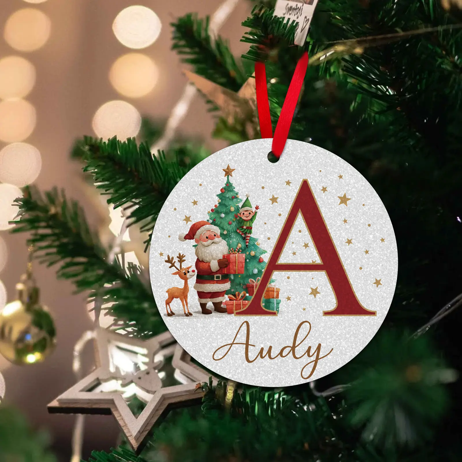 Personalized Christmas A-Z Letters Decorative Hanging Ornament for Home Indoor Christmas Tree Classic Round 2D Flat Pendant with Red String, Custom Your Name Decorative Hanging Ornament
