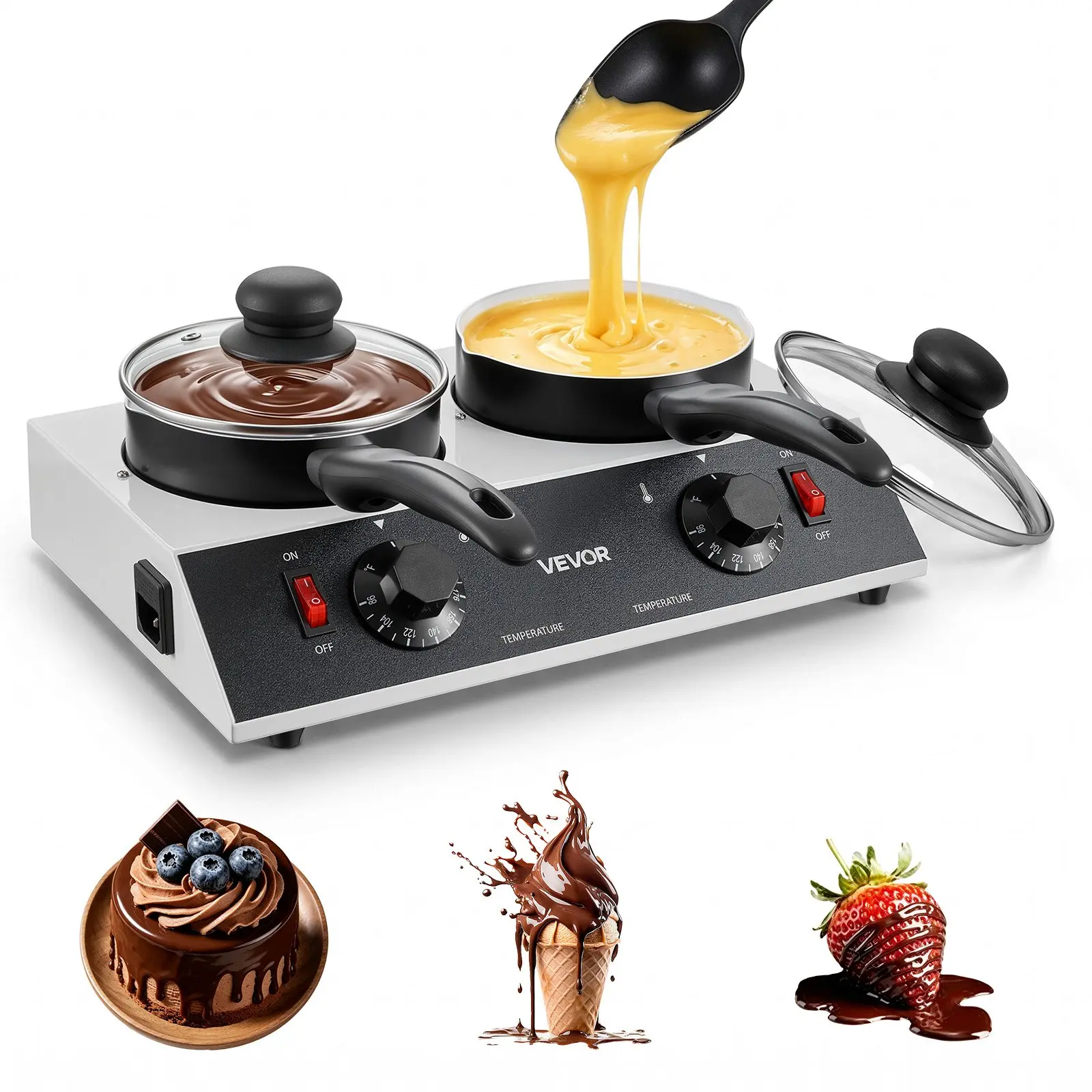 【toolupgrade】VEVOR Chocolate Melting Pot - 2x 1 QT Pots, 86 - 185 Choc Warm Machine, 80W Even Cheese Melter, 2 Knobs Temp Control, 2 Ceramic Coated Pots, Electric Warmer for Mulled Milk Candy, Commercial Home