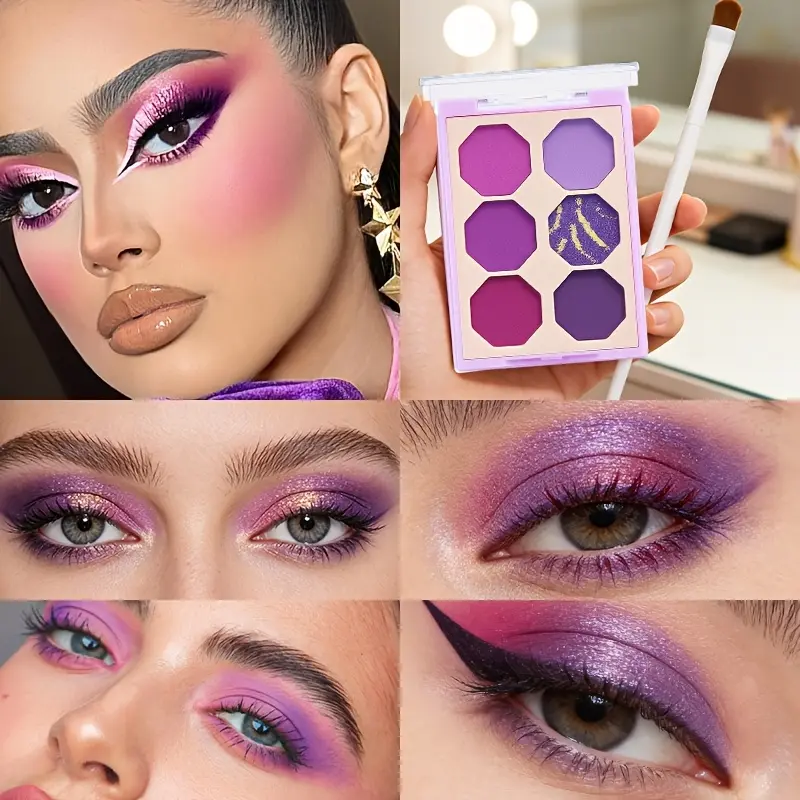 A New 2pcs Set of Colors Is Now Available. It Features a Six-Color Eyeshadow Palette with Dazzling Pearlescent And Matte Purple Eyeshadow And an Eyeshadow Brush. It Is Suitable for New Year'S Eve, New Year'S Eve, And Party Makeup. It Is Playful