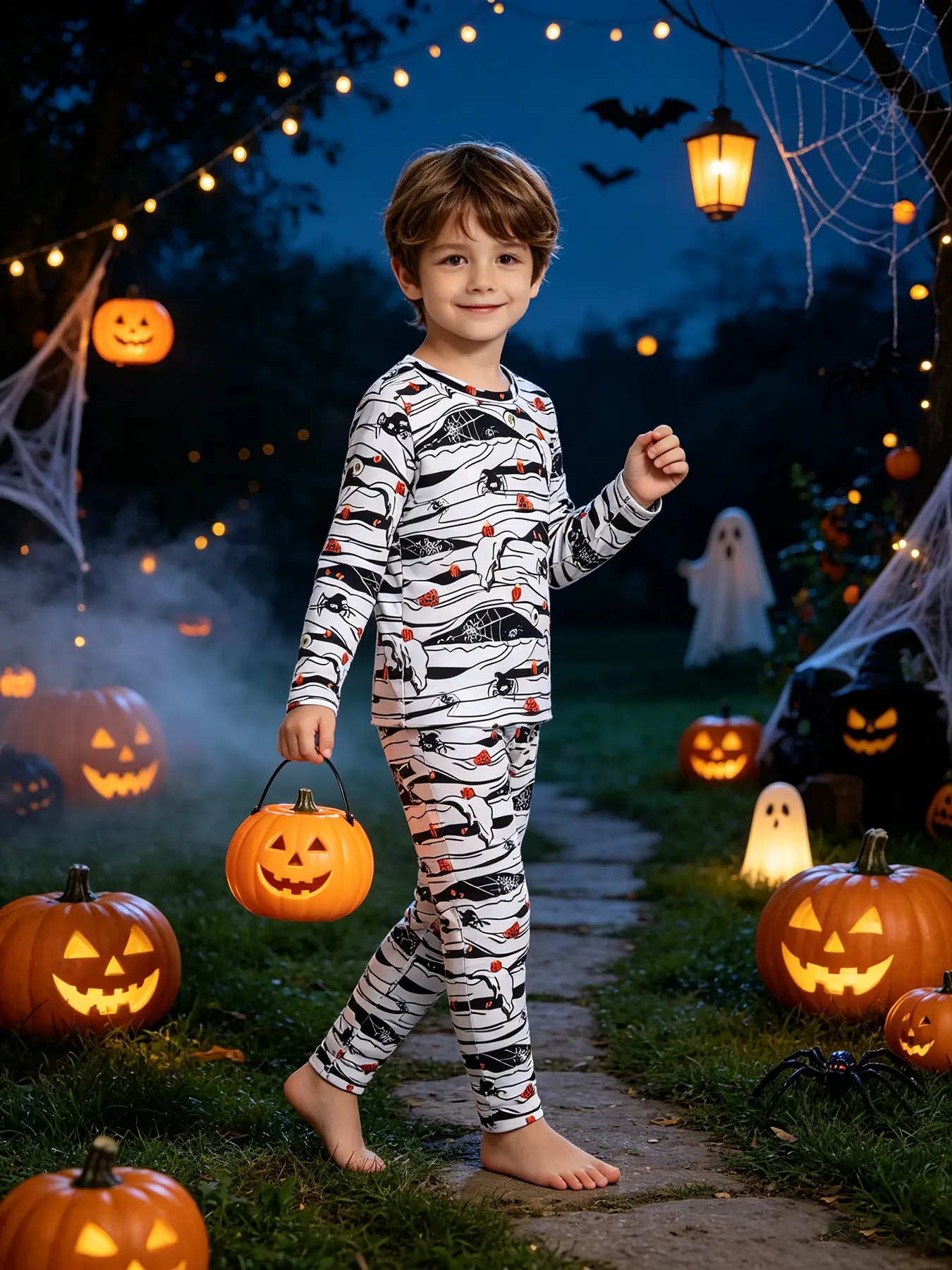 Boys' Halloween Mummy Spider Print Pajama Set, Fall Pajama Sets, Long Sleeve Loose-Fit Sleepwear, Spring & Fall Thin Fabric, Comfortable Home