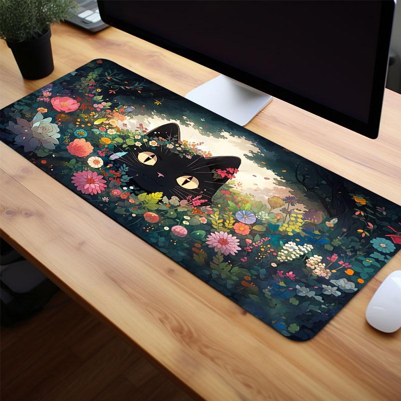 Flower & Black Cat Pattern Mouse Pad, 1 Piece Modern Fashion Mouse Pad, Extended Aesthetic Keyboard Mouse Pad, Desk Mouse Pad for Home Office School, Office Stationery & Supplies