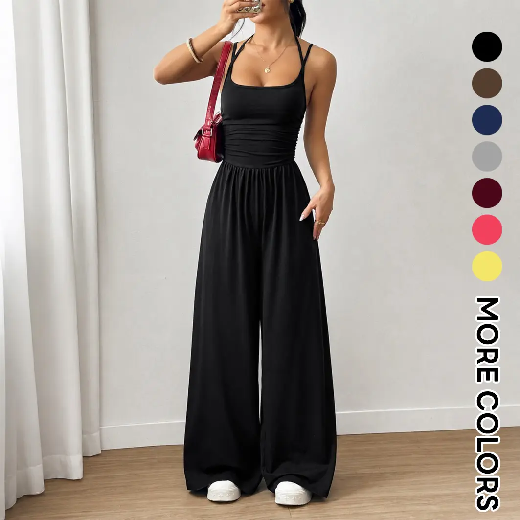 Women’s Summer Spaghetti Strap Wide Leg Jumpsuit - Casual Sleeveless Cami One-Piece Outdoor Jumpsuit