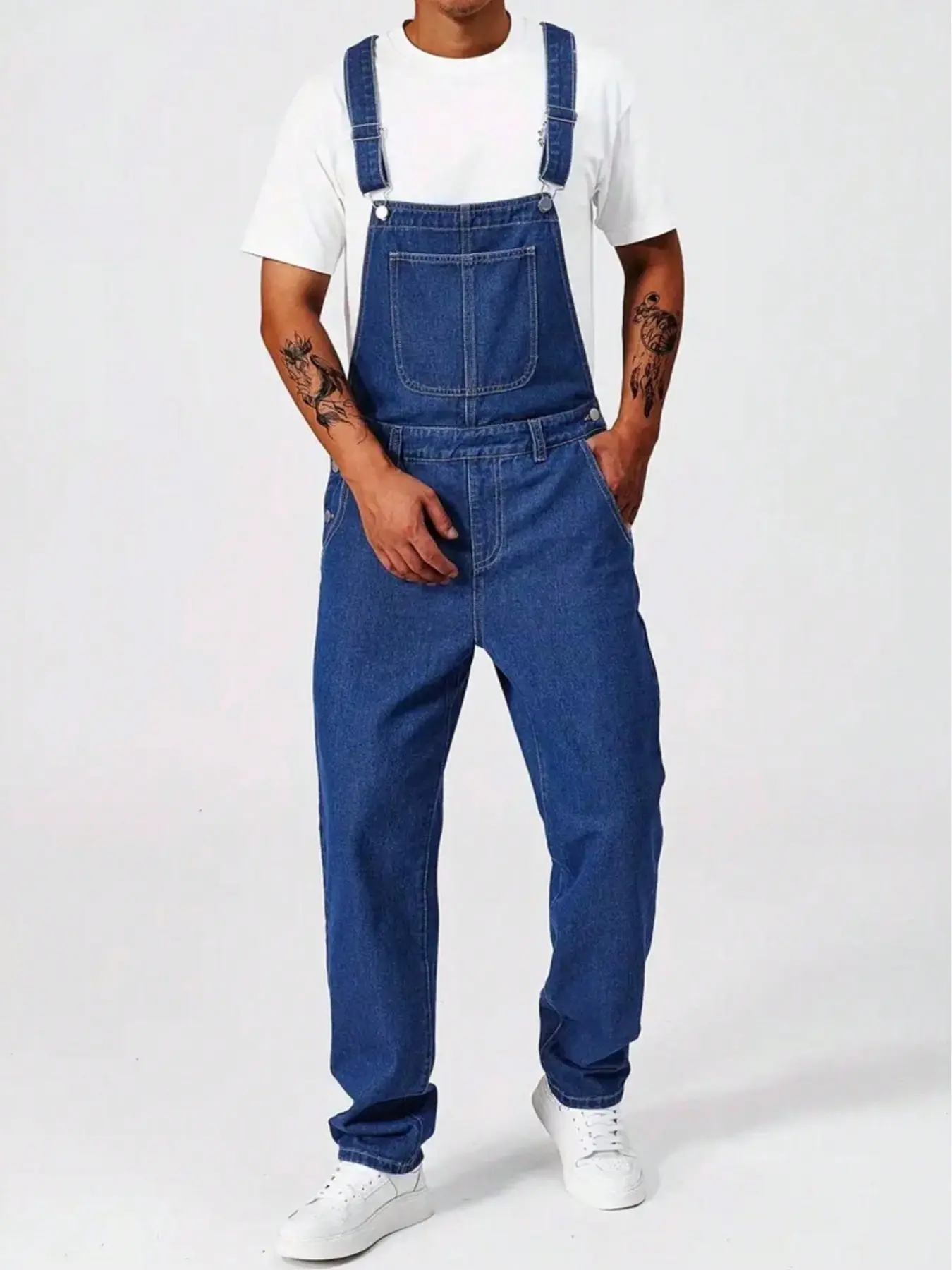 Men's Casual Washed Denim Jumpsuit, Slim-Fitting Solid Color, All Seasons Wear, Plain Surface, No Lining, Top Without Zipper