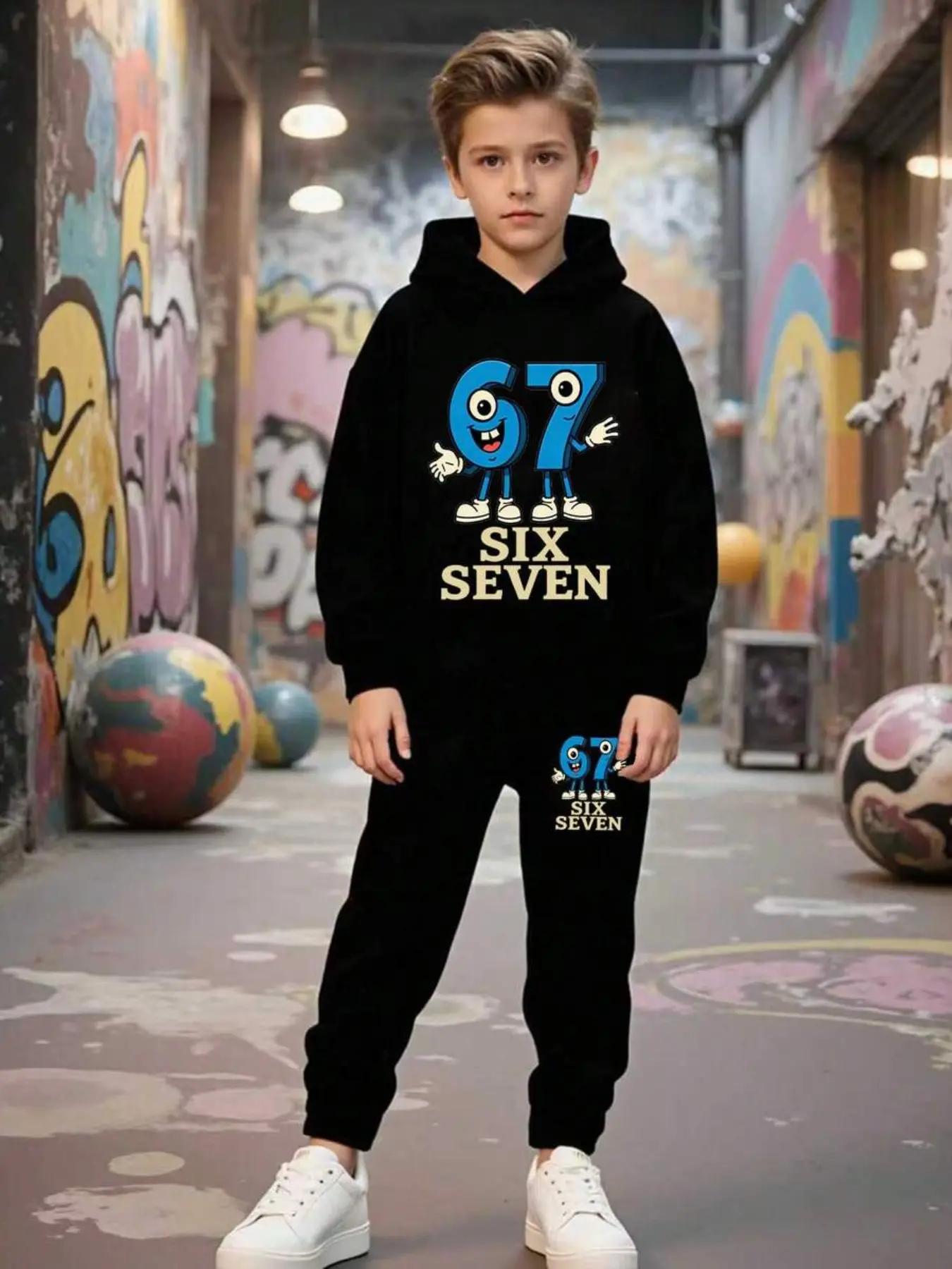 Boys' Hooded Sweatshirt and Pants Set, Cartoon Pattern, Casual Loose-Fitting Suit, Spring & Fall Sports