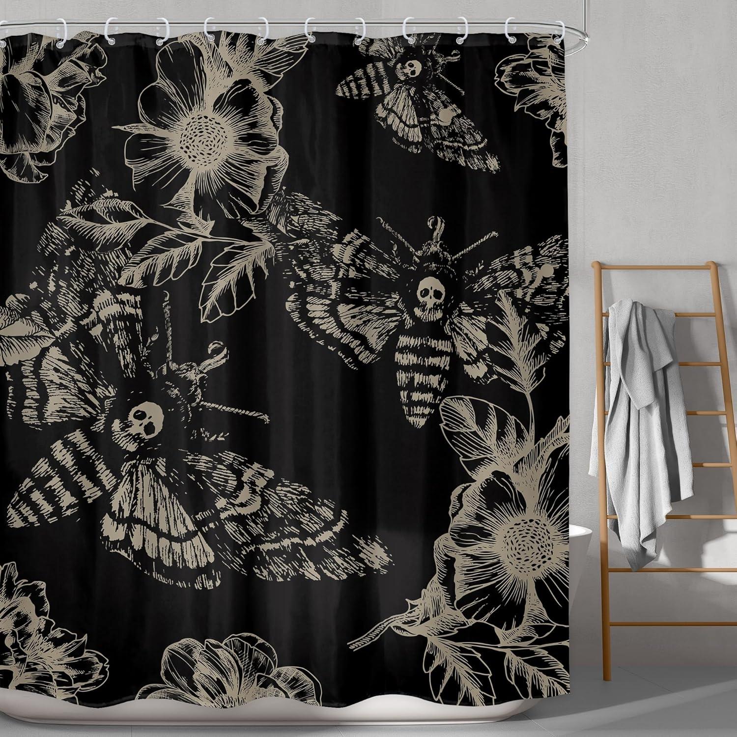 Skull Moth Pattern Shower Curtain Sets, 1 Count Bathroom Interior Curtain with Hooks, Bathroom Accessories for Home Hotel Salon Dormitory Decor, Showercurtain, Bathroom Decoration Accessories