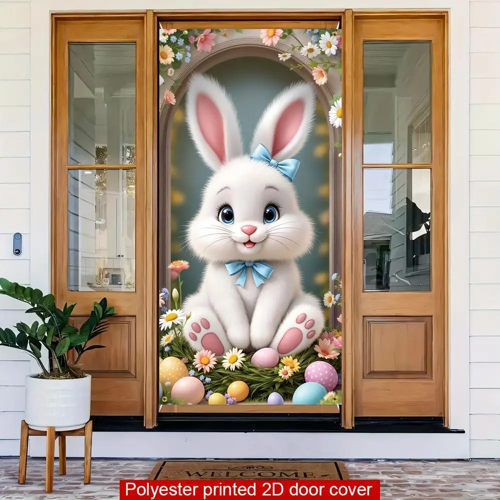 2D Flat Polyester Door Backdrop - HD-Printed Banner with Cute White Rabbit, Colorful Eggs, Spring Flower Arch, Soft Lightweight Foldable Decorative Cloth for Easter Party Decorations, Cute Cartoonish, Rabbit Eggs Flowers