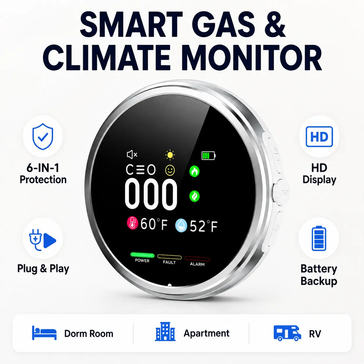 6-in-1 Smart Home Safety Detector with Natural Gas Alert, Temperature & Humidity Monitor, HD Display, Plug-and-Play Design & Battery Backup for Kitchen, RV, Dorm & Home