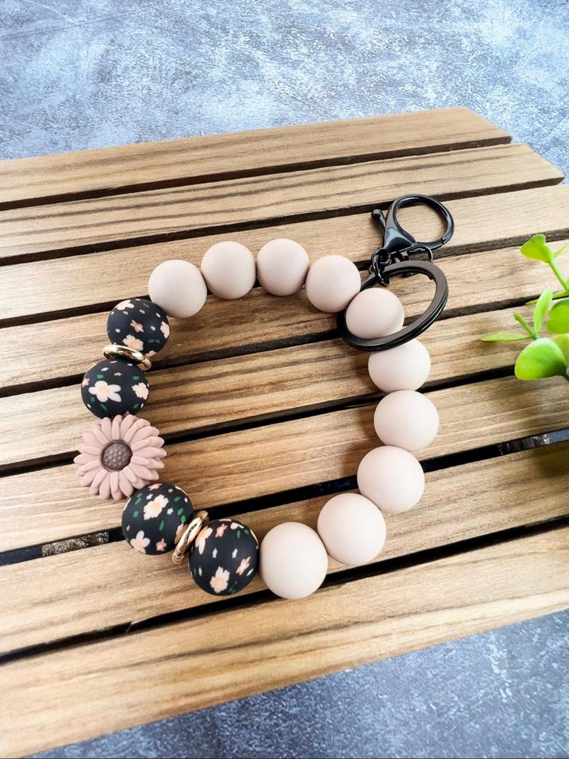 Boho Style Flower Decor Beaded Keychain, Vintage Style Silicone Beaded Keychain for Women & Men, Fashion Accessories for Daily Use, Floral Pattern Keychain