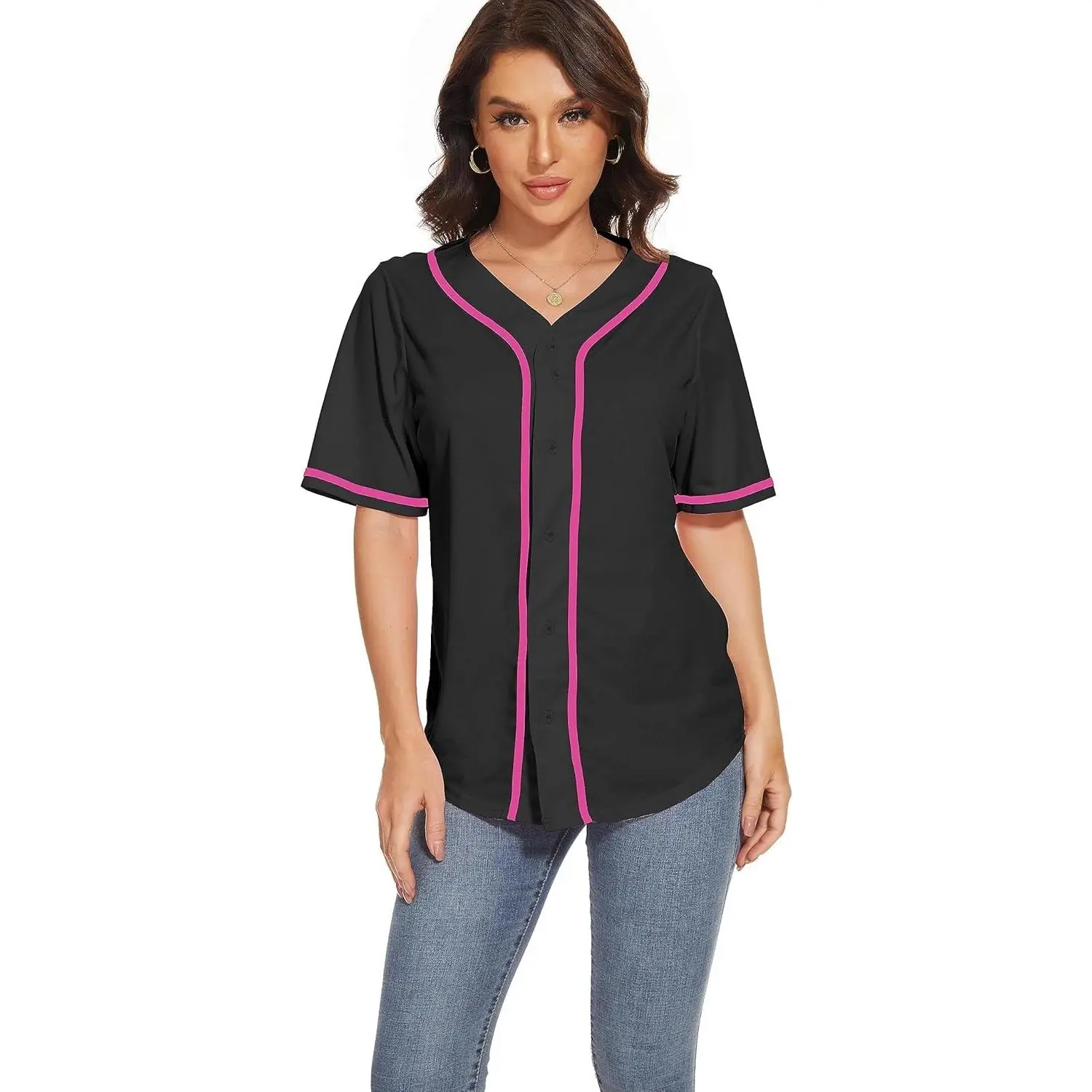 Women's Baseball Jerseys Blank Button Down V-Neck Softball Team Uniform Fashion Simple Wide Stripe Short Sleeve