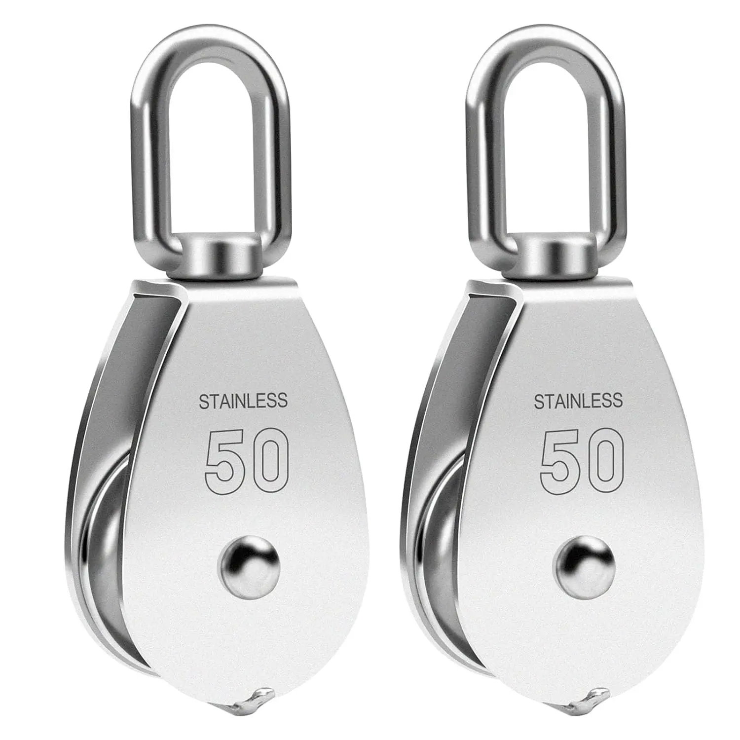 M50 Single Pulley Snatch Block Lifting Duty Swivel Hook 304 Stainless, 3/8" Rope x 2" Sheave, 800 lbs Load (M50-2PCS)