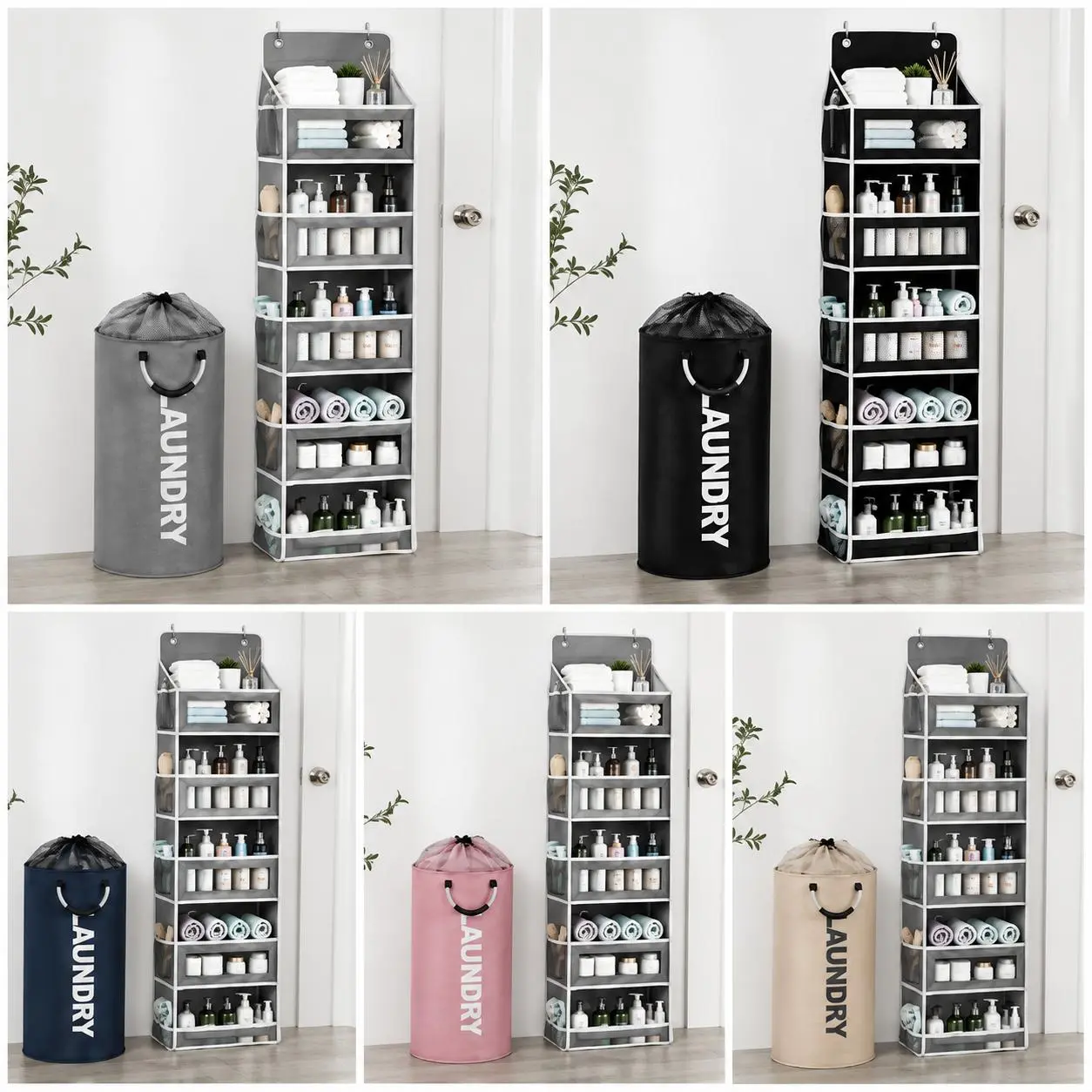 Space Saver Bundle Over Door Hanging Organizer + Laundry Hamper Set Tool-Free Installation 10 Pocket Storage Rack Collapsible 95L Laundry Basket 44Lbs Capacity for Dorm Apartment dormitory