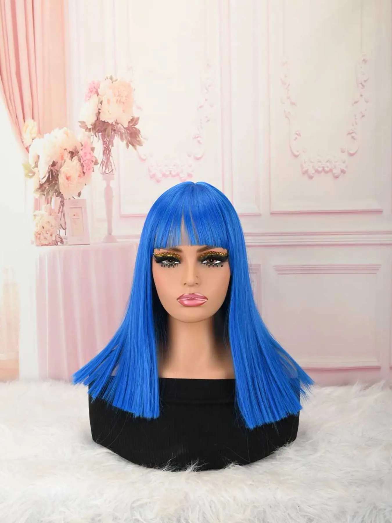 Blue Bob Wig with Bangs, Short Orange Wig for Women Straight Bob Wigs Heat Resistant Synthetic wig Mia Wallace Cleopatra Cospaly Daily Party Use